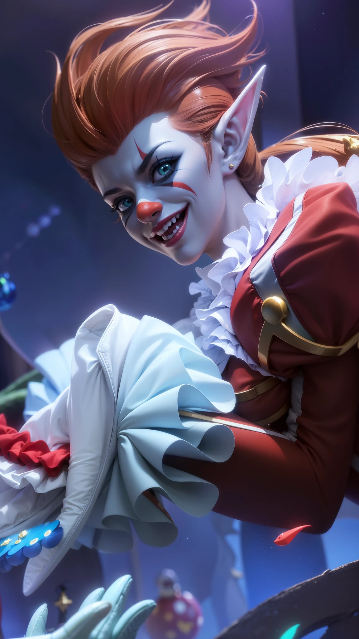 a close up of a clown with a clown makeup on, cutecore clowncore, orianna, official splash art, shaco from league of legends, splash art, kda, iconic character splash art, artgerm detailed, league of legends splashart, league of legends splash art, portrait death clown, portrait of a joker, character splash art, 8k, ultra hd, ultra detailed texture, hyper realistic, masterpiece, detailed texture, detailed face, detailed skin, detailed lighting, (photorealistic:1.5), best quality, beautiful lighting, cinematic lighting, professional lighting, ultra highres, realistic, detailed hair, real hair, high quality, (realskin:1.5), extremely detailed, finely detail, ultra-detailed, elf ear, hand holding candy.