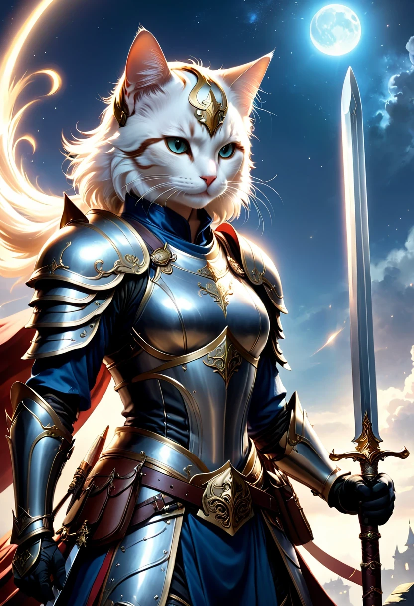 (Anthropomorphic Cat:1.5),A cat knight in armor,Holding the holy sword,wearing a helmet,slim,holy sword,middle Ages,Creative character design, Whimsical cartoon style, 32k Ultra HD2. 5D CGI anime fantasy artwork, epic fantasy art style hd, Digital 2D Fantasy Art, digital fantasy art ), xianxia fantasy, digital art fantasy art, Beautiful celestial mage, Epic fantasy digital art style, fantasy art style, xianxia hero, Anime Fantasy Illustration