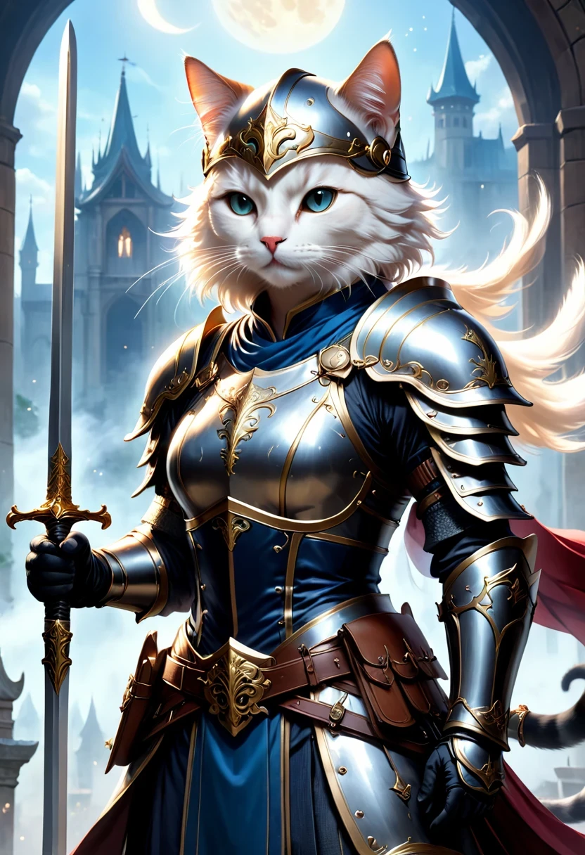 (Anthropomorphic Cat:1.5),A cat knight in armor,Holding the holy sword,wearing a helmet,slim,holy sword,middle Ages,Creative character design, Whimsical cartoon style, 32k Ultra HD2. 5D CGI anime fantasy artwork, epic fantasy art style hd, Digital 2D Fantasy Art, digital fantasy art ), xianxia fantasy, digital art fantasy art, Beautiful celestial mage, Epic fantasy digital art style, fantasy art style, xianxia hero, Anime Fantasy Illustration
