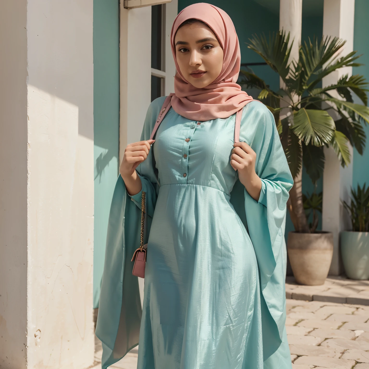 a woman in a dress holding a purse, green abaya, feminine in cute pastel shades, inspired by Nazmi Ziya Güran, pastel red, feminine, belly free teal dress, turqouise, hijab, inspired by Shaddy Safadi, detailed full dress long sleeve, full body