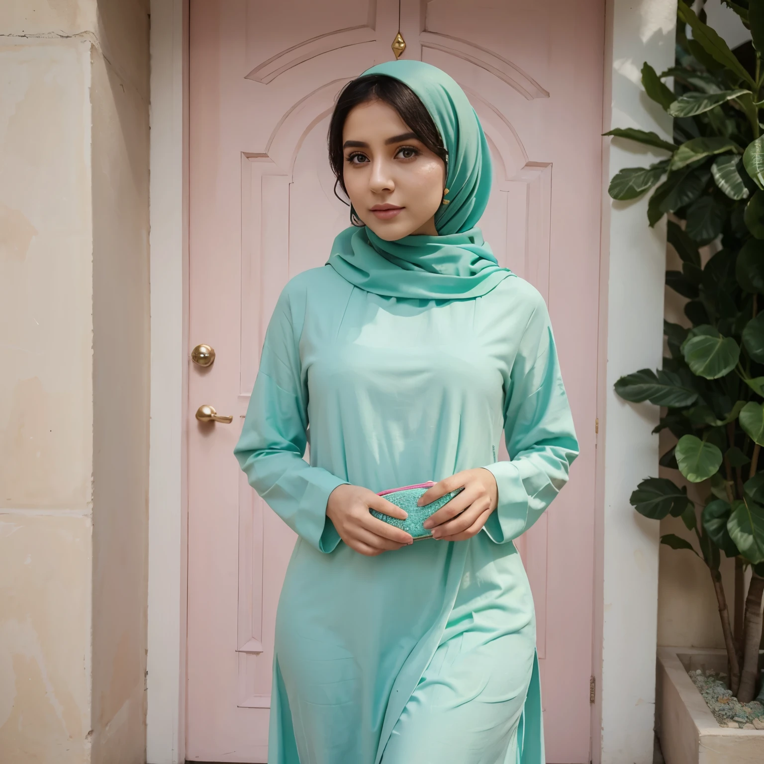 a woman in a dress holding a purse, green abaya, feminine in cute pastel shades, inspired by Nazmi Ziya Güran, pastel red, feminine, belly free teal dress, turqouise, hijab, inspired by Shaddy Safadi, detailed full dress long sleeve, full body