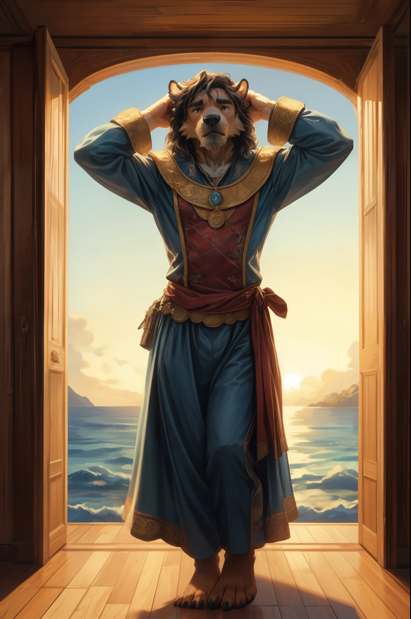 (((Barefoot furry character, full body, cinematic setting, male))) 

Masquerading as a man with a reason.
My charade is the event of the season
and if I claim to be a wise man, well
it surely means that I don't know.

On a stormy sea of moving emotion
tossed about I'm like a ship on the ocean.
I set a course for winds of fortune,
but I hear the voices say:

(Carry on my wayward son.)
(There'll be peace when you are done.)
(Lay your weary head to rest.)
(Don't you cry no more.)

BREAK, detailed background, 8K, (masterpiece:1.5), intricate details, highly detailed, extreme detail, octane render, fine art, best quality, highres, (detailed face:1.5), ((full_body)), UHD, (((perfect hands)))
