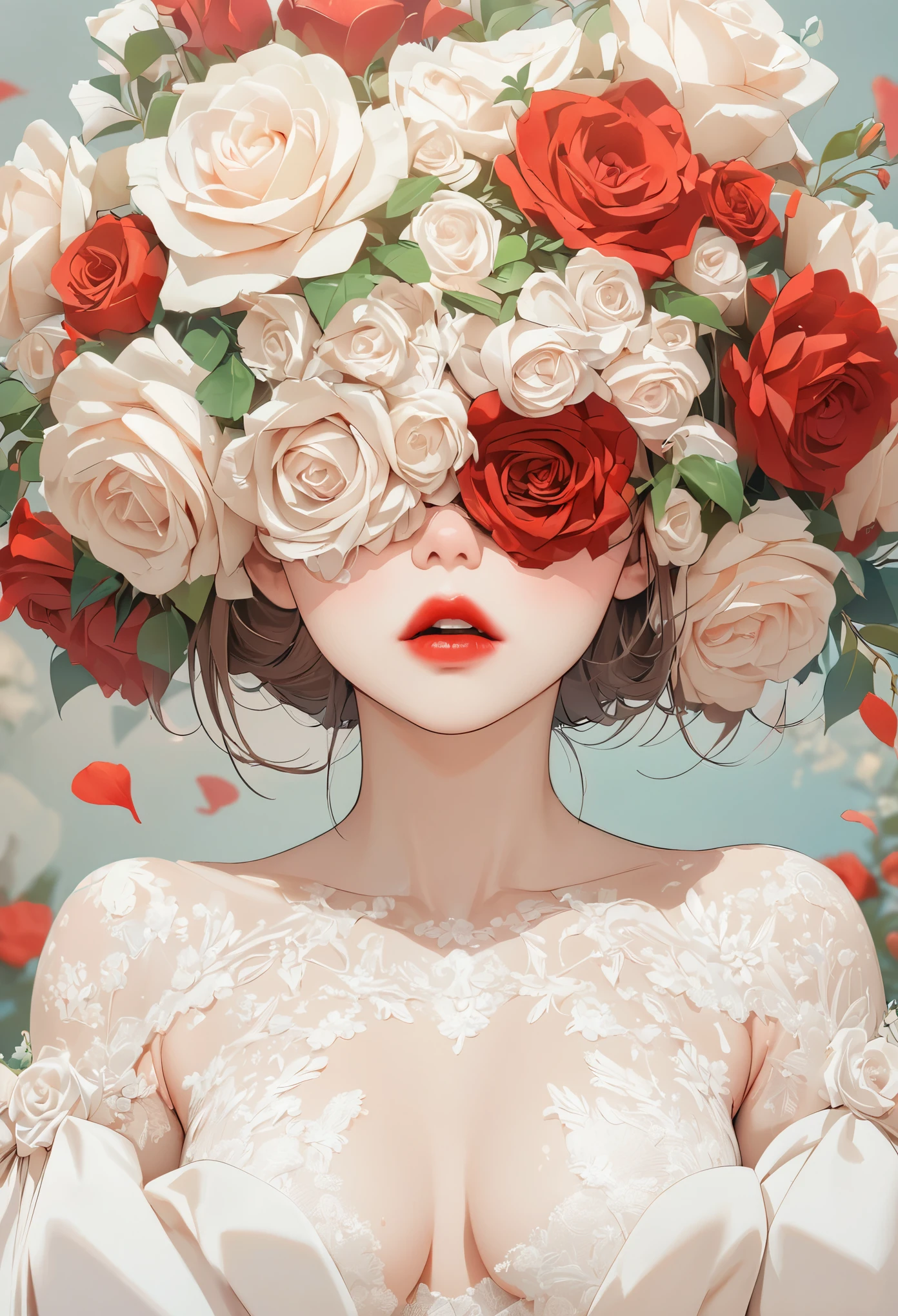 (masterpiece, best quality:1.2), a beautiful woman,Cover your eyes with red flowers, red lips,Wedding dress,thin waist