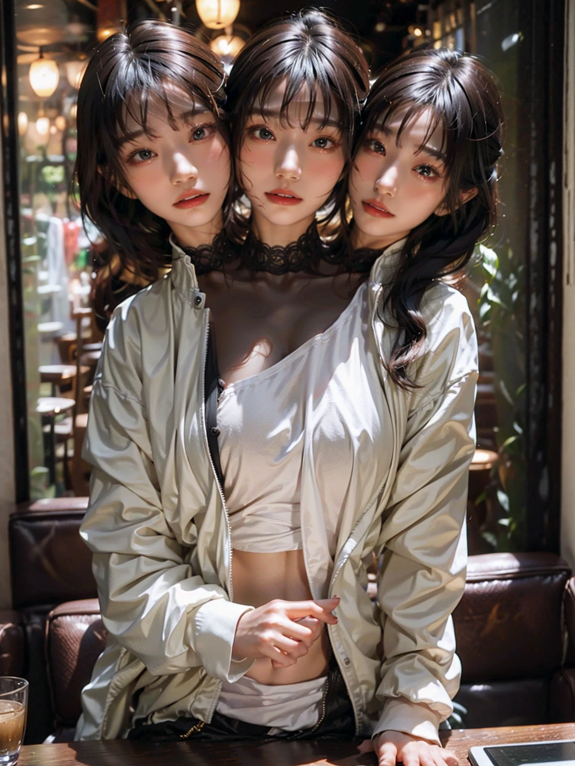 (masterpiece,best quality),best resolusion,(3heads:1.5),1 girl,Saika Kawakita character,one head kissing the other head,hugging your own body,black hair,black eye,wearing a white uniform (wearing an open black jacket),looking at the audience,luxury office background