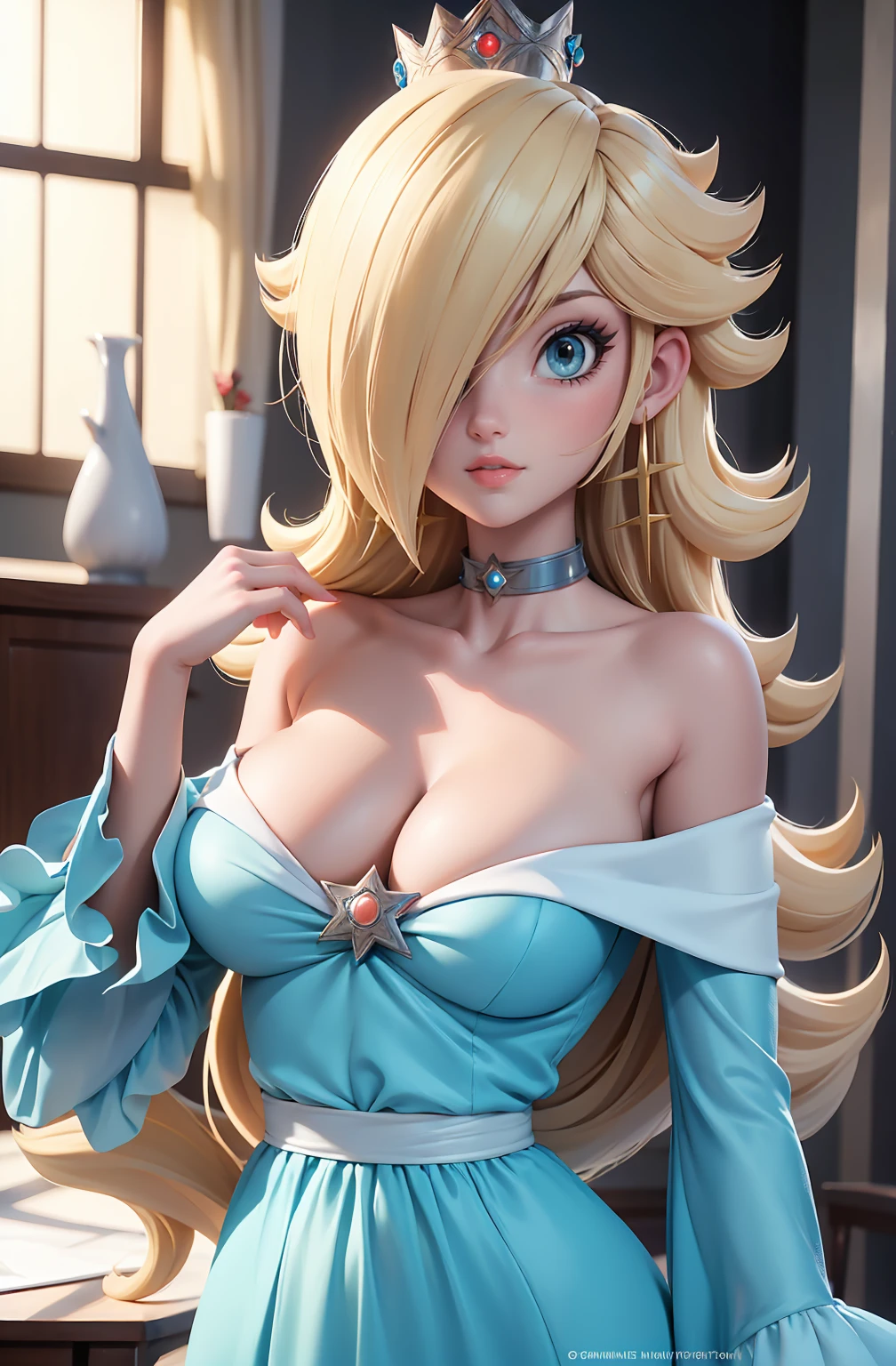 high stature, long hair light blonde, big and blue eyes, intense blue eyes, slender and elegant figure, she wears a elegant blue dress, big 