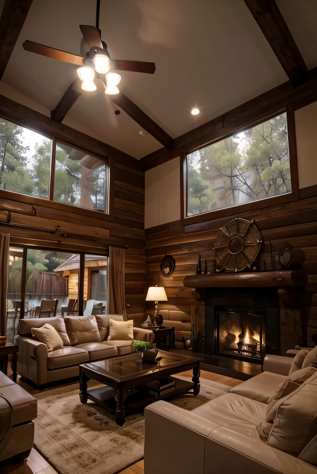 - For the salon: A living room with a double-height ceiling with a large window on one side, del suelo al techo, in a luxury log cabin. Afuera hay un paisaje oscuro cubierto de nieve. The living room has a fireplace and is furnished with sofas, Contemporary luxurious chairs in neutral tones, agrupados alrededor de una mesa de centro baja. The color palette of the room consists of warm tones and dark brown, and the good lighting of several lamps creates a cozy atmosphere.