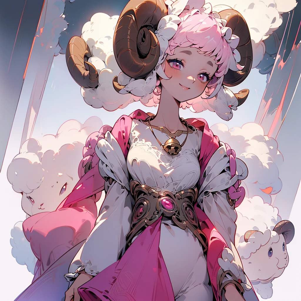 ((Masterpiece: 1.5, best quality, high resolution: 1.3, super resolution, super detailed, ultra detailed: 1.3, rich background: 1.2, Perfect Anatomy:1.5, 1 woman) pale skin + light pink hair + short curly hair + eyes violets + female figure + medium chest + small waist + wide hips + floppy sheep ears (two-piece pajamas with bows, transparent fabric coat, thick necklace with a bell, long transparent fabric skirt, minimal jewelry) (( open eyes , smile, dramatic lighting, background of an illuminated street)) ((many colors for clothes and accessories))