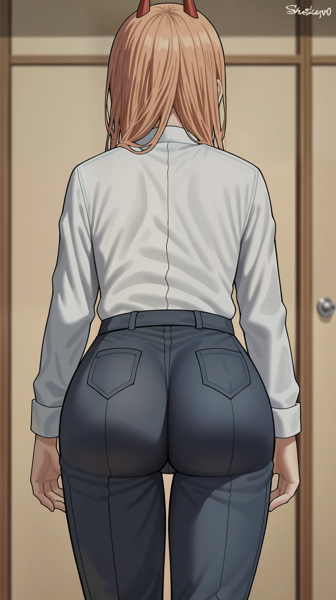 source_anime,score_9,score_8_up,screencap, anime screencap, BREAK, power \(chainsaw man\), chainsaw man, demon horns, sharp teeth, collared shirt, white shirt, facing away, black pants, ass, from behind, tight ass, tight clothes, shexyo