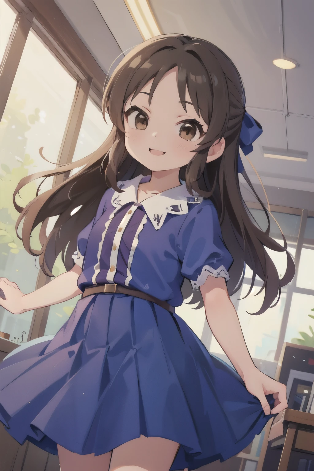 masterpiece,highest quality,1 girl,alone,Tachibana Arisu,brown eyes,brown hair,half up hair,collared dress,hair ribbon,short sleeve,smile,dutch angle,indoors、study