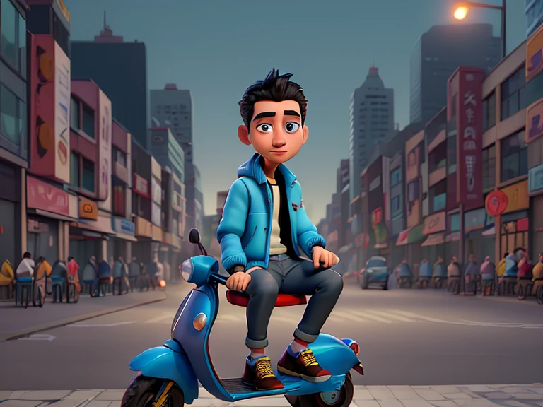 arafed man sitting on a scooter in a city street, style of ade santora, photoshoot, inspired by Rudy Siswanto, inspired by Oka Yasutomo, photo portrait, in style of lam manh, darren quach, henry ascensio, wearing a turtleneck and jacket, wearing blue jacket, streetwear, profile shot, mid shot portrait
