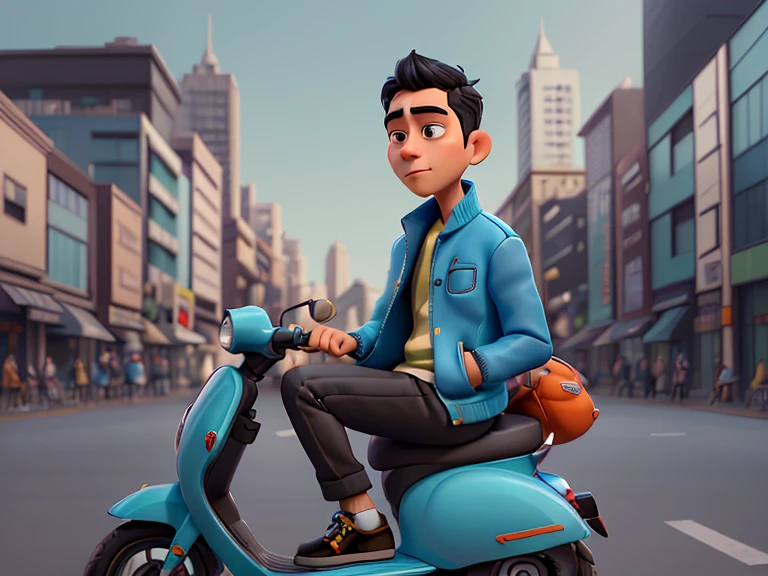 arafed man sitting on a scooter in a city street, style of ade santora, photoshoot, inspired by Rudy Siswanto, inspired by Oka Yasutomo, photo portrait, in style of lam manh, darren quach, henry ascensio, wearing a turtleneck and jacket, wearing blue jacket, streetwear, profile shot, mid shot portrait