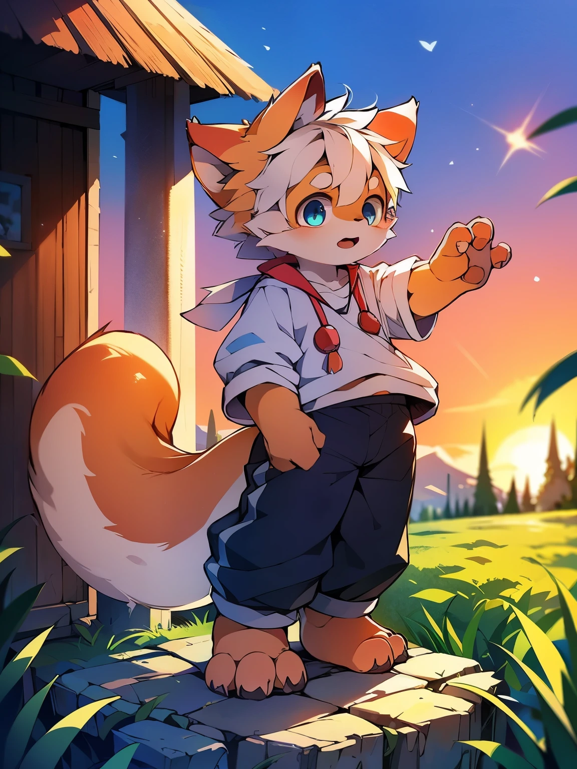 Light orange fur，white hair，Orange dragon tail，There is white fluff at the end of the tail，white sweatshirt，hairy，God of Art Super Top Quality, super detailed, High resolution, Anime cute art style, The best anime, 8K, Kona sauce wallpaper, Pixiv Contest Winners, perfect ???????,blush , (Energetic teenager, 13 years old:1.3), High resolution详细的头发，white wide-leg pants，on the street，blue sky，Sunset，The iris and pupil are well proportioned，blue pupils，red ears，single,alone