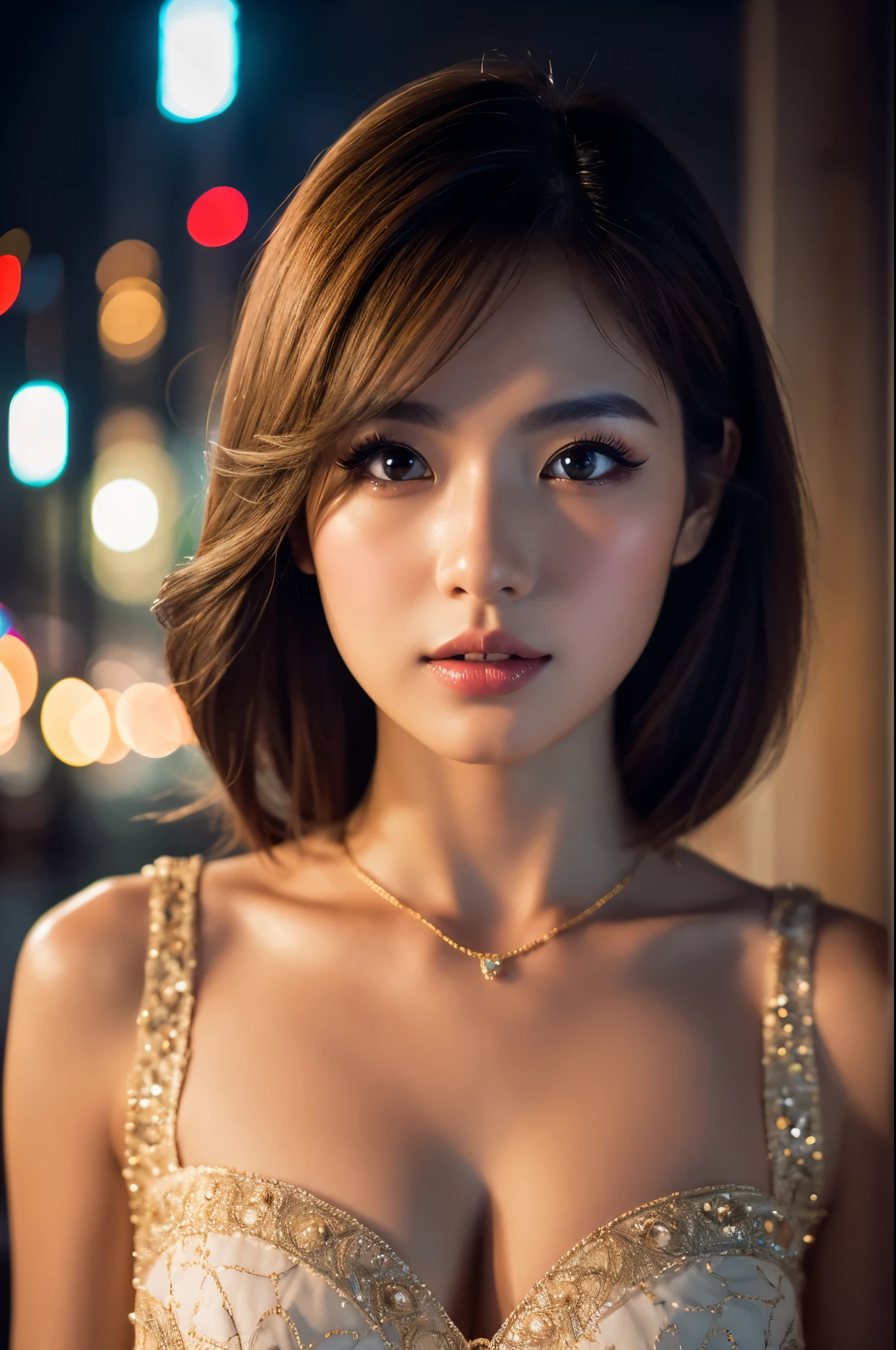 raining night,city,A beautiful woman in gyaru makeup beautiful portrait of a stunning goddess girl, beautiful detailed face, porcelain skin, full body shot, centered, ultra soft lighting, symmetry, intricate, elegant, highly detailed, photorealistic, smooth.