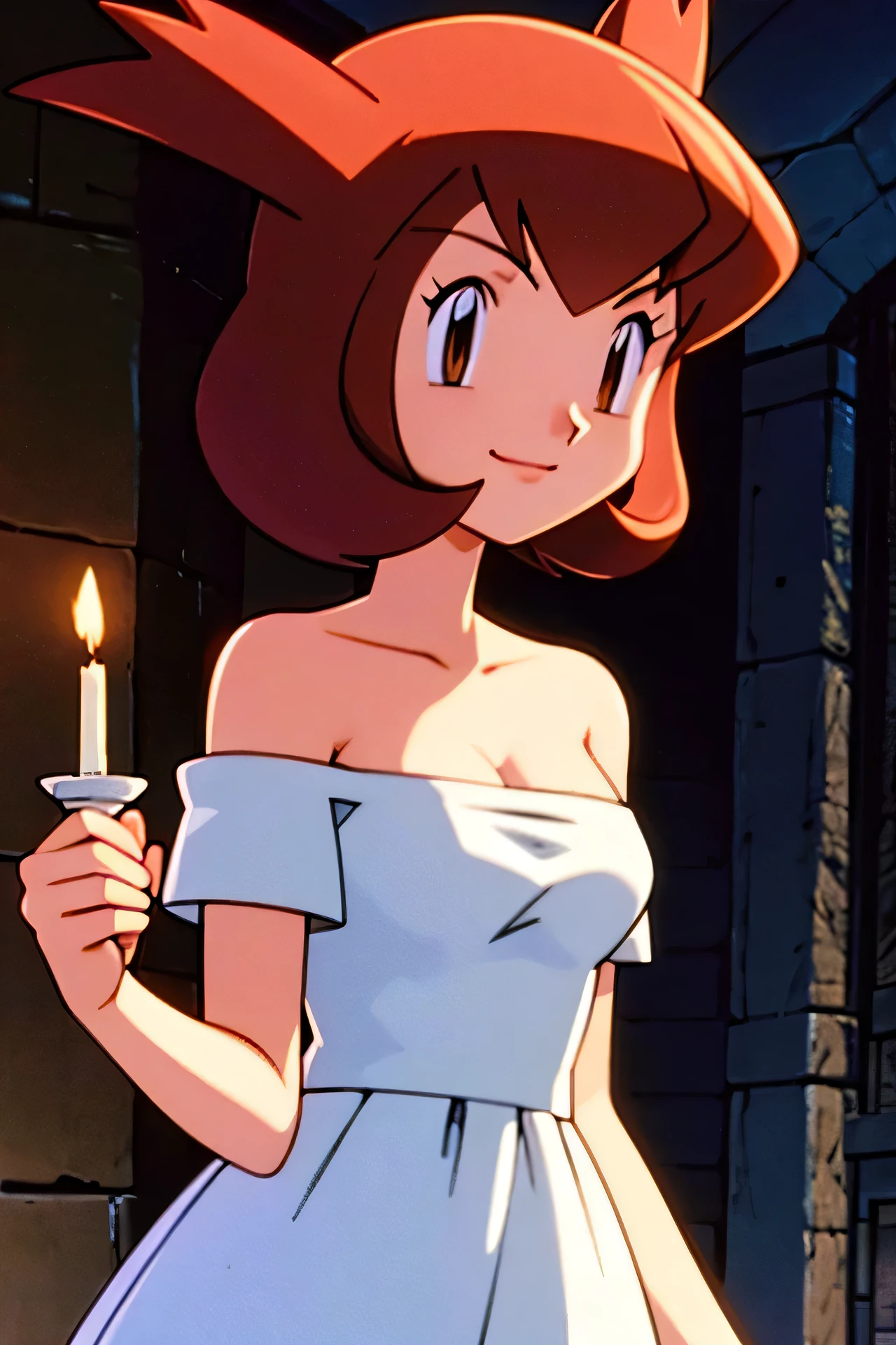 masterpiece, best quality, ultra-detailed, illustration, beautiful detailed eyes, very detailed illustration, cinematic lighting, 1 girl, solo, Pokemon Heroes (Bianca), Brown Hair, brown eyes, bare shoulders, strapless, off shoulders, white ruffle off the shoulder top, white maxi dress, intricate details, sharp focus, high resolution, the background of inside the mansion, smile, holding one candle on her left hand, as she walks softly, anime style, ultra-detailed, hdr, far at the bottom, in the center, Close up