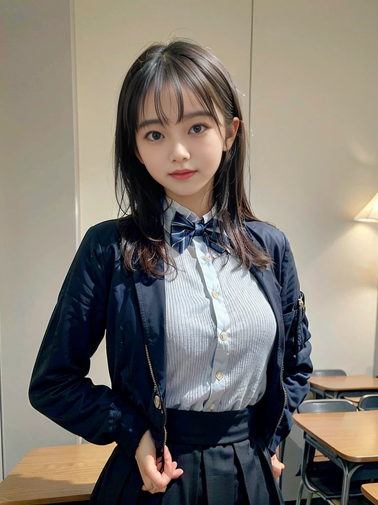 (masterpiece, highest quality:1.4), award-winning portraits, 8K, 85mm, alone, beautiful face, delicate girl, , (dark navy blazer jacket), dark navy skirt, long sleeve, violaces, gardenia, grace, Sophisticated, cute, teen, looking at the viewer, 15 years old, Raw photo, disorganized, HDR, sharp focus, A bow tie, background bokeh、(((flat 、thin and delicate body、A childish atmosphere)))、Her shiny semi-long hair is tied up、hair swaying in the wind、Mole on the left cheek、large, round, dark blue eyes、full body、random pose、Junior idol、Nogizaka Idol、widening skirt、jump、mole under eye、sexy、inside the classroom、no panties