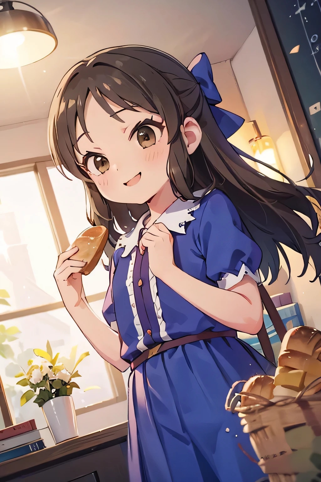 masterpiece,highest quality,1 girl,alone,Tachibana Arisu,brown eyes,brown hair,half up hair,collared dress,hair ribbon,short sleeve,smile,dutch angle,indoors、Eating bread