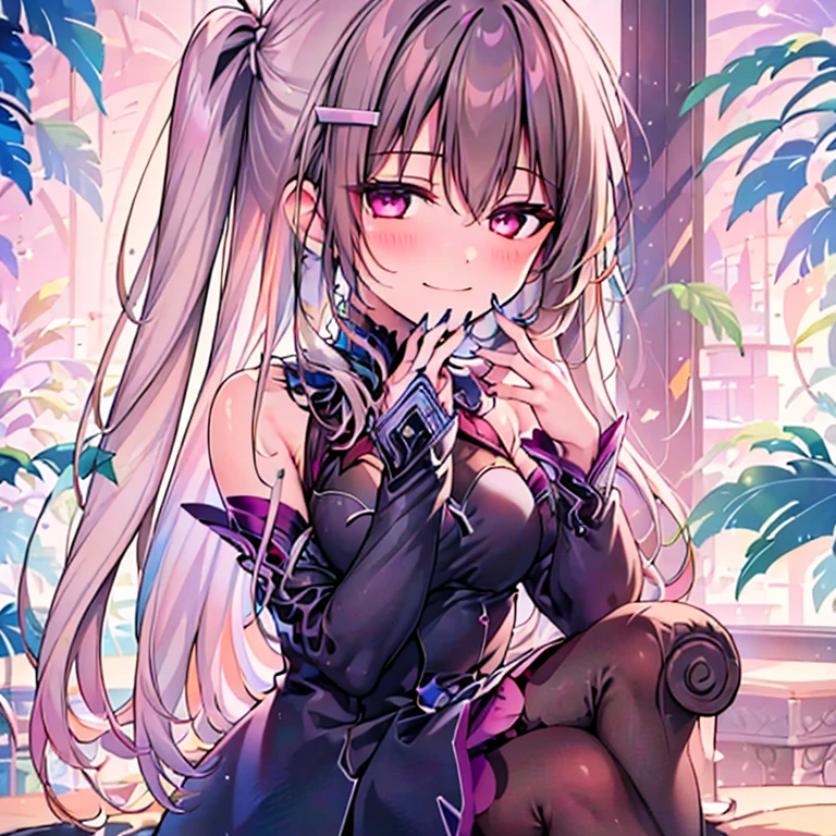 (highest quality:1.2, Very detailed, High Detail, High Contrast, masterpiece:1.2, highest quality, Best aesthetics), 1 girl, Shenhe, Genshin impact, alternate costume, Cyber Suit, Separated sleeves, Bare shoulders, ((White Hair:1.4, Braided long hair, White and purple hair accessories:1.2, gray bangs:1.1, Asymmetrical bangs)), sliver Eyes, Double eyelids, Detailed face, Loose braid, smile:1.2, Indifference, kind, Front view, Cowboy Shot, (((Crouching, V sign:1.2))), A park filled with greenery, squirt:1.2, White cloud, Wide-angle lens.