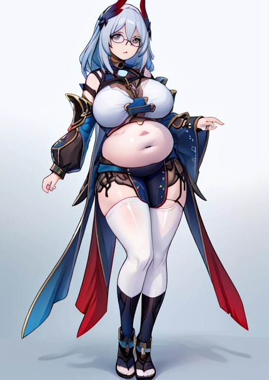 (masterpiece, best quality, highly detailed), 1girls, big belly, blurry background, huge belly, art by kipteitei, round belly, chubby, curvy, simple_background, gradient_background, belly grab, enormous belly, fat belly, thicc, bigger belly, really big belly, jiggly belly, shirt covering belly, belly cover by shirt, glasses, (((((((mommy)))))), casual clothes, skirt, thighhighs, ((full body)), long hair