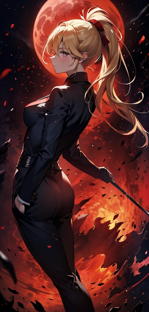 Blonde ponytail woman,long coat,Rear view,silhouette,sexy body,red forest,Red Moon,Red Night,Gate,Gateの先に別世界,
