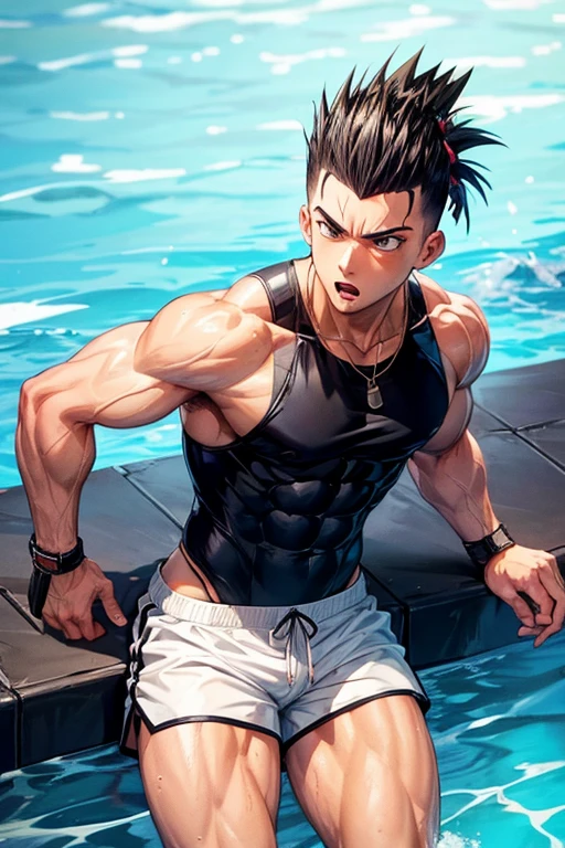 A competitive swimmer in rope,Short black hair,Dark Eyes,Handsome,Sweaty high leg,vapor,Crying face,Displeased face,Crying face,Stiff resistance,Both hands are tied behind their backs,Leg spread,first round,Accurate human body depiction,detailed