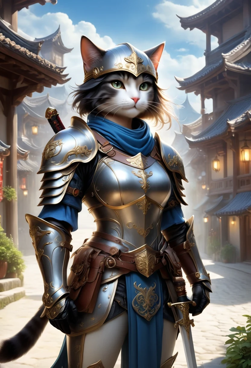 A fantasy of a Kavachi-style seaside village, Rendering in cinema4d, (Anthropomorphic Cat:1.5),A cat knight in armor,Holding the holy sword,wearing a helmet,slim,holy sword,middle Ages,Creative character design, Whimsical cartoon style, 32k Ultra HD,2. 5D CGI anime fantasy artwork, epic fantasy art style hd, Digital 2D Fantasy Art, digital fantasy art ), xianxia fantasy, digital art fantasy art, Beautiful celestial mage, Epic fantasy digital art style, fantasy art style, xianxia hero, Anime Fantasy Illustration