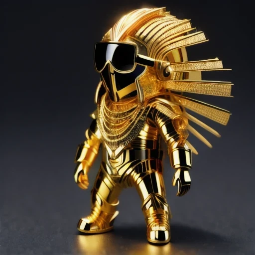 Brilliant Gold Wire Diamond Mayan Star, Coarse Linen Cloak Mummy Head Set Platinum Wire Cyberpunk Light Crossbow Space Station 1:60 Miniature Model, Illustration, Side View Angle, (Side View Angle), Wearing Gold Wire Frame Reflective Sunglasses, Carrying Future Weapons, Very Happy, Side View Angle, Full Body, 3D, (Nautilus) Octane Number Rendering, Perfect Appearance, Collagen Texture((whole body))