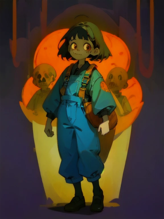 (masterpiece: 1.2, highest quality), (snap shot), flat illustration, creepy appearance, unique atmosphere、coveralls overallysterious girl、full body,