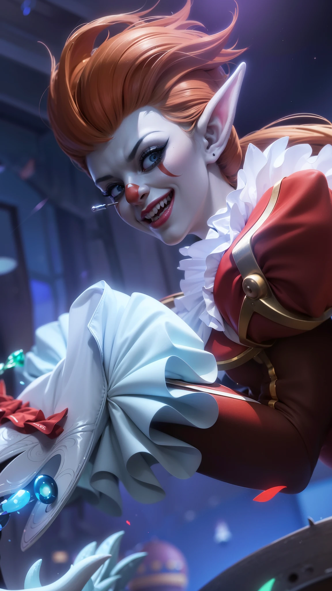 a close up of a clown with a clown makeup on, cutecore clowncore, orianna, official splash art, shaco from league of legends, splash art, kda, iconic character splash art, artgerm detailed, league of legends splashart, league of legends splash art, portrait death clown, portrait of a joker, character splash art, 8k, ultra hd, ultra detailed texture, hyper realistic, masterpiece, detailed texture, detailed face, detailed skin, detailed lighting, (photorealistic:1.5), best quality, beautiful lighting, cinematic lighting, professional lighting, ultra highres, realistic, detailed hair, real hair, high quality, (realskin:1.5), extremely detailed, finely detail, ultra-detailed, elf ear, hand holding candy.