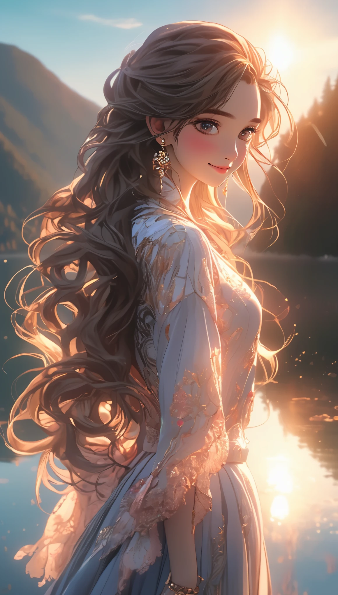 1 girl, Happy expression, charming eyes, Straight long hair, flowing skirt, big deal, looking at the sun, calm pose, porcelain skin, faint blush, Crystal PendantBREAK Golden Hour, (edge lighting): 1.2, cool color, solar flare, soft shadow, bright colors, Effect, Great atmosphereBREAK Scenic lake, distant mountains, pine, top of mountain, Reflection, clouds illuminated by sunlight, peaceful atmosphere, Idyllic sunrise, Super detailed, official art, unified 8k wallpaper, Zentangle, mandala