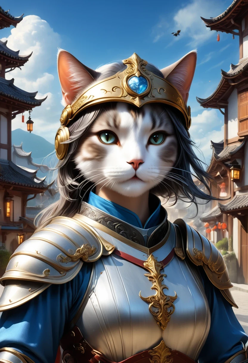 A fantasy of a Kavachi-style seaside village, Rendering in cinema4d, (Anthropomorphic Cat:1.5),A cat knight in armor,Holding the holy sword,wearing a helmet,slim,holy sword,middle Ages,Creative character design, Whimsical cartoon style, 32k Ultra HD,2. 5D CGI anime fantasy artwork, epic fantasy art style hd, Digital 2D Fantasy Art, digital fantasy art ), xianxia fantasy, digital art fantasy art, Beautiful celestial mage, Epic fantasy digital art style, fantasy art style, xianxia hero, Anime Fantasy Illustration