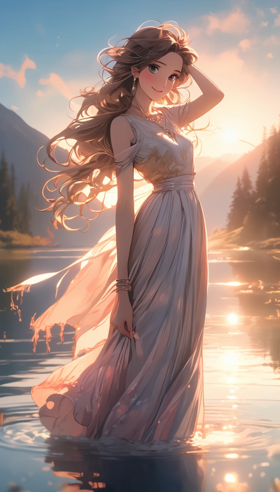 1 girl, Happy expression, charming eyes, Straight long hair, flowing skirt, big deal, looking at the sun, calm pose, porcelain skin, faint blush, Crystal PendantBREAK Golden Hour, (edge lighting): 1.2, cool color, solar flare, soft shadow, bright colors, Effect, Great atmosphereBREAK Scenic lake, distant mountains, pine, top of mountain, Reflection, clouds illuminated by sunlight, peaceful atmosphere, Idyllic sunrise, Super detailed, official art, unified 8k wallpaper, Zentangle, mandala