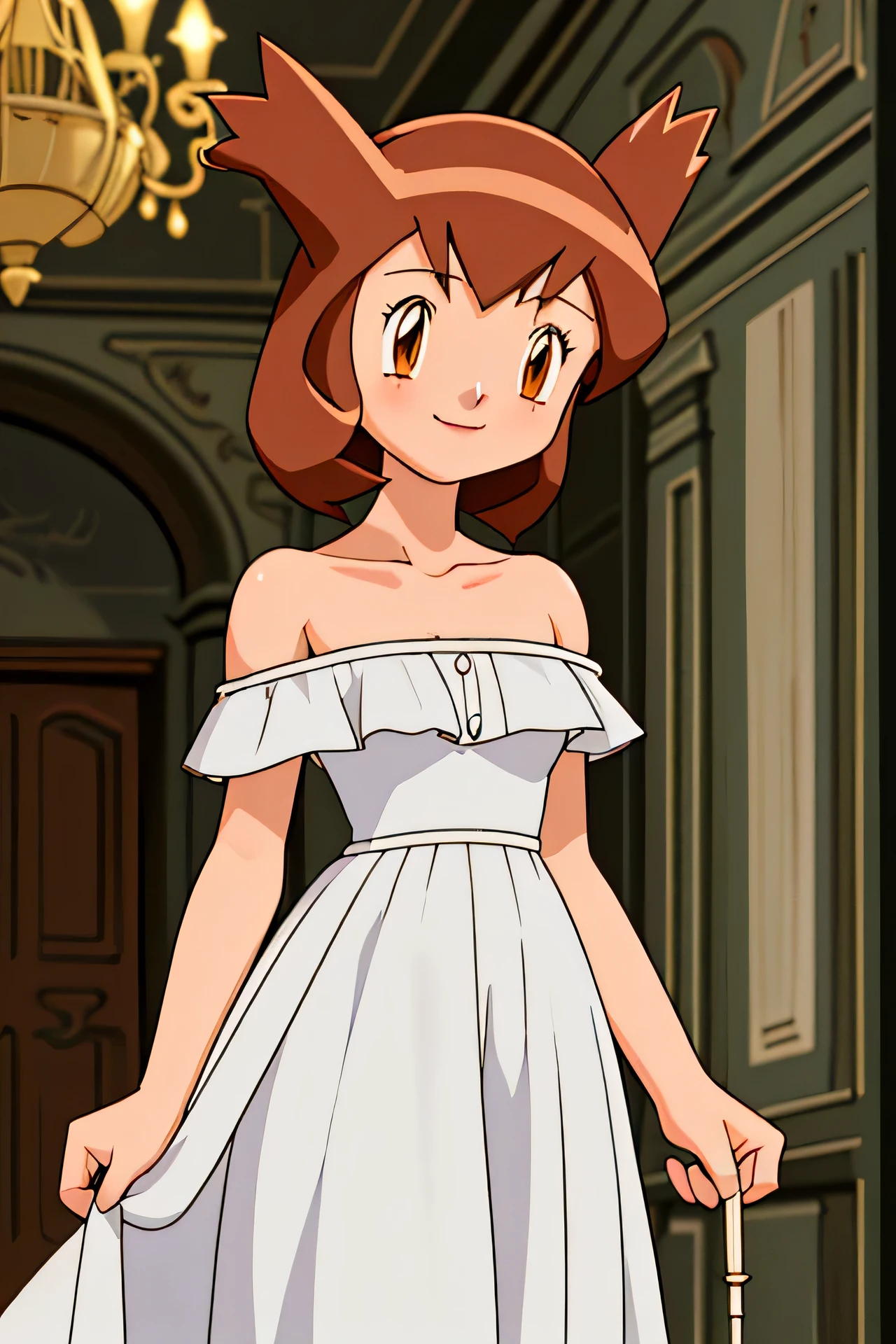 masterpiece, best quality, ultra-detailed, illustration, beautiful detailed eyes, very detailed illustration, cinematic lighting, 1 girl, solo, Pokemon Heroes (Bianca), Brown Hair, brown eyes, bare shoulders, strapless, off shoulders, white ruffle off the shoulder top, white maxi dress, intricate details, sharp focus, high resolution, the background of inside the mansion, smile, holding one candle on her left hand, as she walks softly, anime style, ultra-detailed, hdr, far at the bottom, in the center, Close up