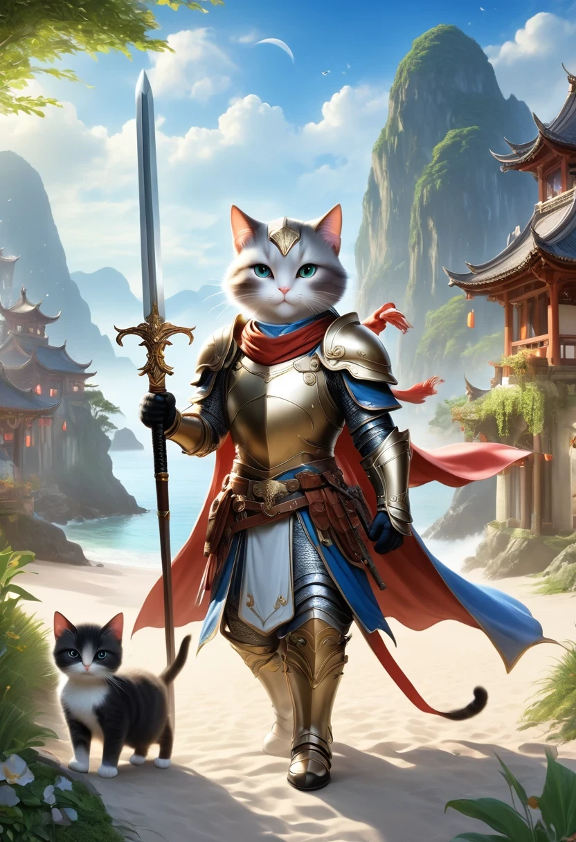 A fantasy of a Kavachi-style seaside village, Rendering in cinema4d, (Anthropomorphic Cat:1.5)，A cat knight in armor，Holding the holy sword，wearing a helmet，slim，holy sword，middle Ages，Creative character design, Whimsical cartoon style, 32k Ultra HD，2. 5D CGI anime fantasy artwork, epic fantasy art style hd, Digital 2D Fantasy Art, digital fantasy art ), xianxia fantasy, digital art fantasy art, Beautiful celestial mage, Epic fantasy digital art style, fantasy art style, xianxia hero, Anime Fantasy Illustration