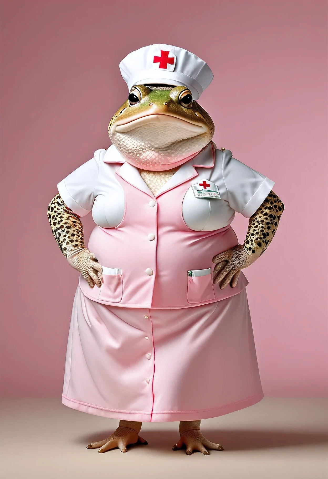 photorealistic portrait of Dressed animals - a ((fat)) toad nurse,(hands on hips:1.2),(), high quality,(lovely) ,intricate details, highly detailed ((light pink nurse costume)), wearing nurse cap and light pink skirt , highly detailed medical equipment , (happy), studio lighting,(),(simple background)