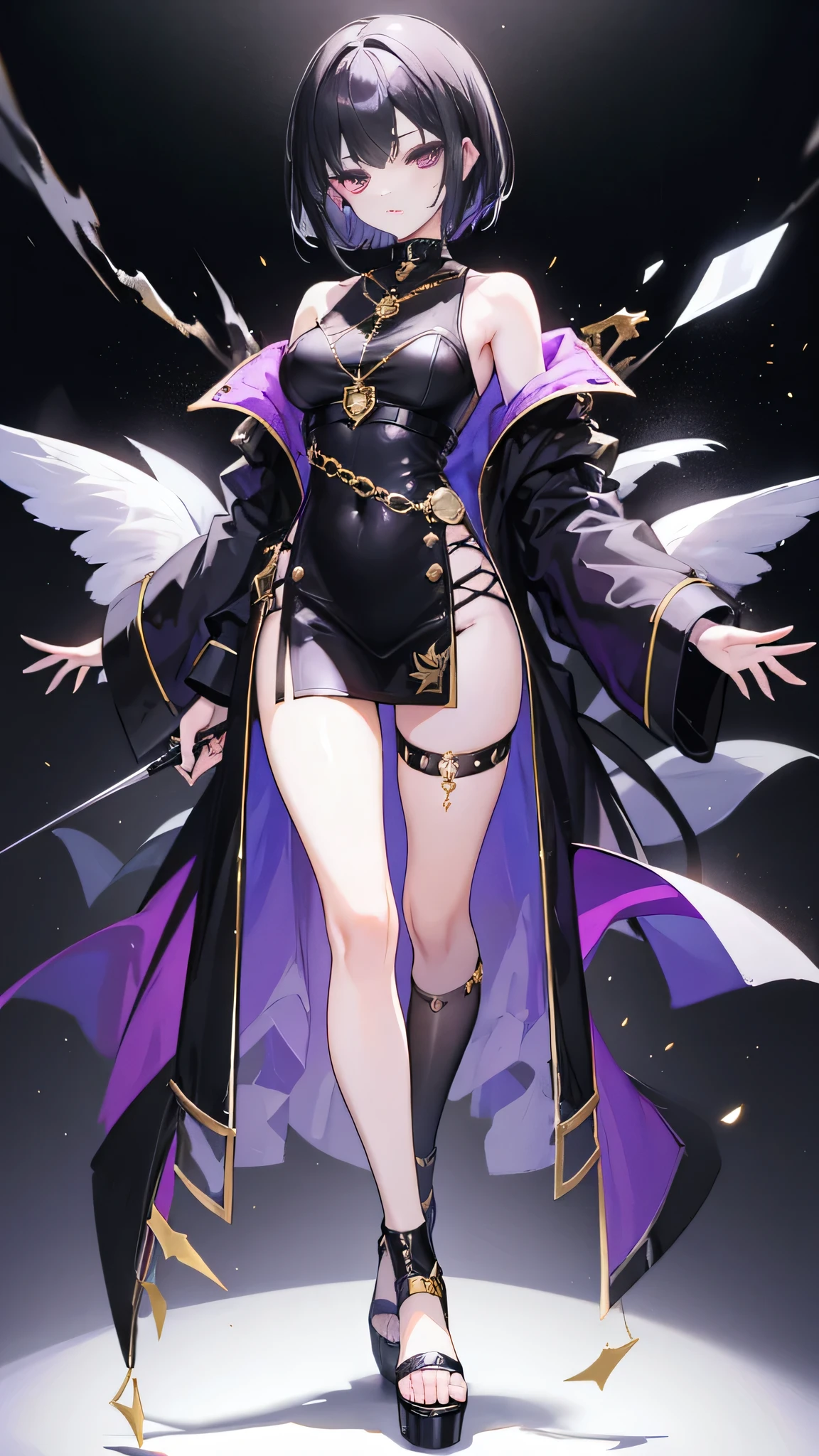 black hair、black nails、short hair、girl、Fashionable、gold decoration、purple eyes、20th generation、cool、cool、gold accessories
、Full body Esbian、standing picture、background white、thighs