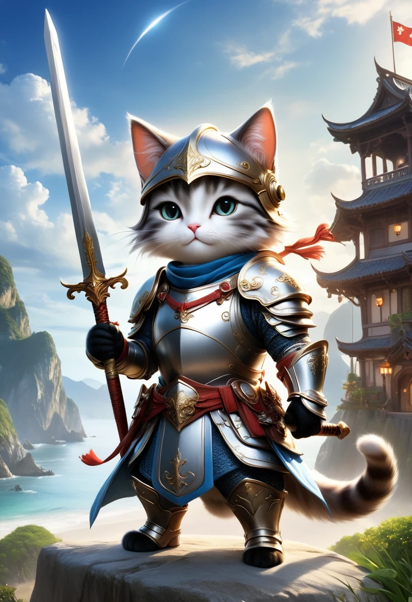 A fantasy of a Kavachi-style seaside village, Rendering in cinema4d, (Anthropomorphic Cat:1.5)，A cat knight in armor，Holding the holy sword，wearing a helmet，slim，holy sword，middle Ages，Creative character design, Whimsical cartoon style, 32k Ultra HD，2. 5D CGI anime fantasy artwork, epic fantasy art style hd, Digital 2D Fantasy Art, digital fantasy art ), xianxia fantasy, digital art fantasy art, Beautiful celestial mage, Epic fantasy digital art style, fantasy art style, xianxia hero, Anime Fantasy Illustration