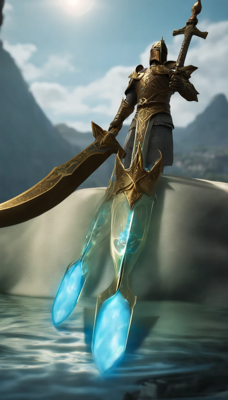 Excalibur, Delicate mango, The sword body is exquisite,well decorated,(((The body of the sword is designed with a blue opal and a light green particle effect shaped pattern..:1.3))), Should, (The sword body is symmetrically decorated:1.3), (The entire Excalibur blade is centered:1.3), Close-up at medium range,(General silhouette:1.3),(Fantastic landscape painting:1.2), Ultra Realistic Photo, super-fine, 8K, Premium wallpapers, the highest picture quality, ..。.。.3D,C4D, tmasterpiece, rendering by octane