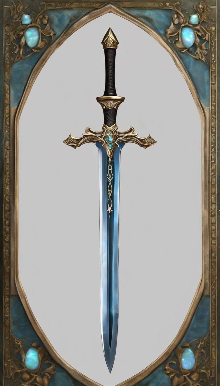 Excalibur, Delicate mango, The sword body is exquisite,well decorated,(((The body of the sword is designed with a blue opal and a light green particle effect shaped pattern..:1.3))), Should, (The sword body is symmetrically decorated:1.3), (The entire Excalibur blade is centered:1.3), Close-up at medium range,(General silhouette:1.3),(Fantastic landscape painting:1.2), Ultra Realistic Photo, super-fine, 8K, Premium wallpapers, the highest picture quality, ..。.。.3D,C4D, tmasterpiece, rendering by octane
