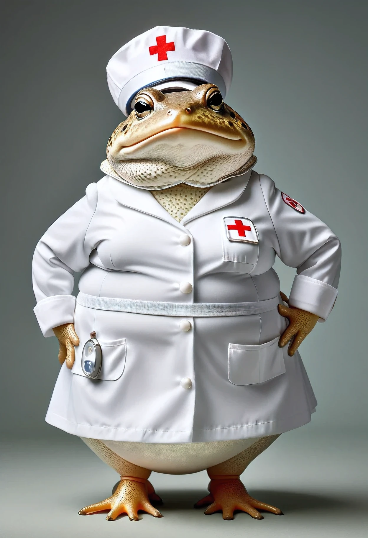 photorealistic portrait of Dressed animals - a ((fat)) toad nurse,(hands on hips:1.2),(), high quality,(lovely) ,intricate details, highly detailed ((white nurse costume)), wearing nurse cap and  skirt , highly detailed medical equipment , (happy), studio lighting,(),(simple background)