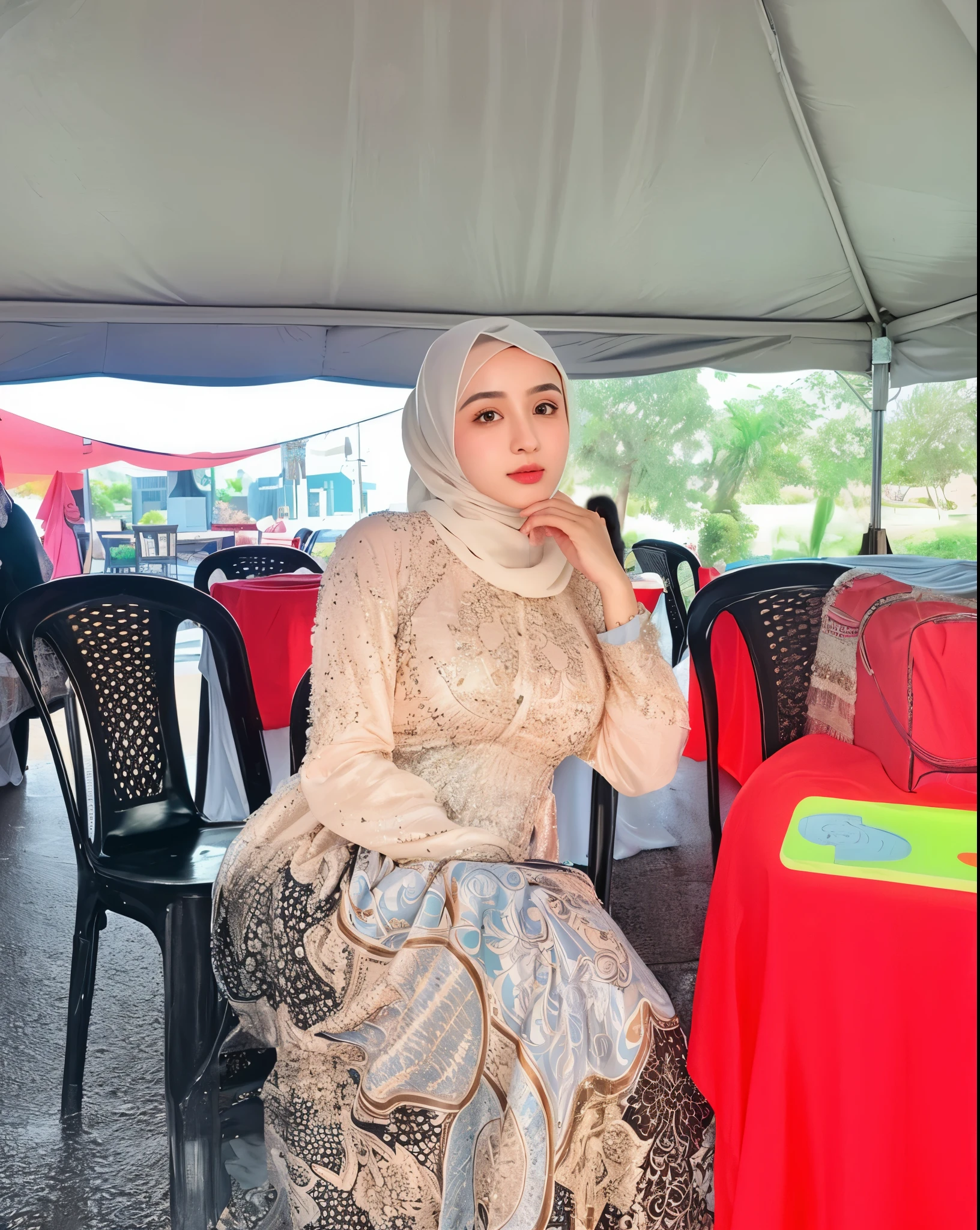 RAW photo of a 24 year old girl wearing hijab, satin abaya sexy sea foam , satin, hijab face portrait,((tp background)), 8k uhd, dslr, soft lighting, high quality, film grain, Fujifilm XT3, covered dress, patterned dress, gigantic breasts:1.5,