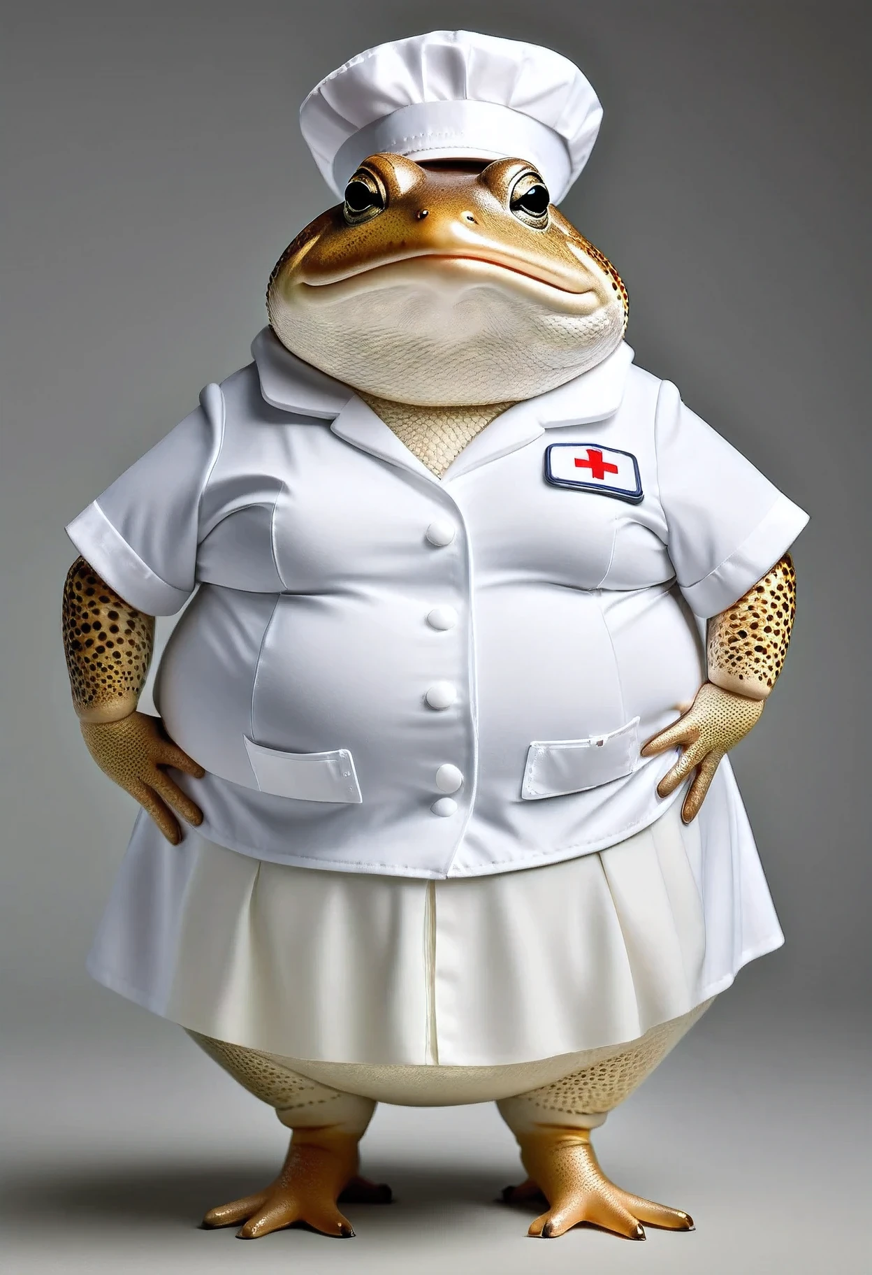 A female anthro crocodile, alligator, greyish green scales, white belly and chest, sapphire blue eyes, no hair, no ears, perfect body, big breasts, naked breasts, thighs, giant belly, vore belly, human inside belly, attractive, young, cute face, kind expression, shy, wearing lab coat, in a futuristic workshop, high detail