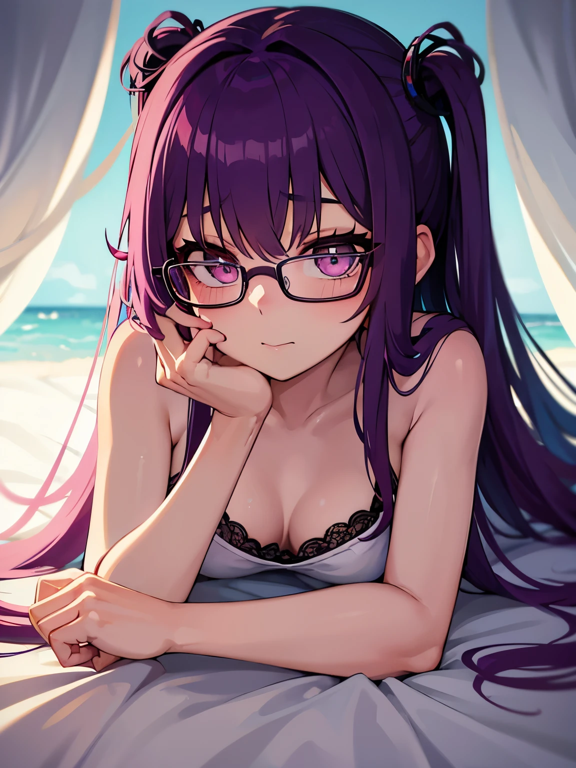 High quality girl laying in bed with long muted magenta hair with bangs and glasses with teal eyes one sucking on two fingers