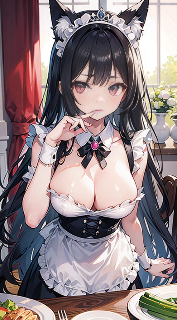high quality, masterpiece, super detailed, 1 girl, extremely detailed faces,long black hair,Damaged White Bikini,Damaged maid outfit,Maid tiara,Cucumber stuffed in the mouth,handcuffs,collar,charming pink eyes, fox ears, Ridiculously big, shiny skin,Sit on a plate,Dining room