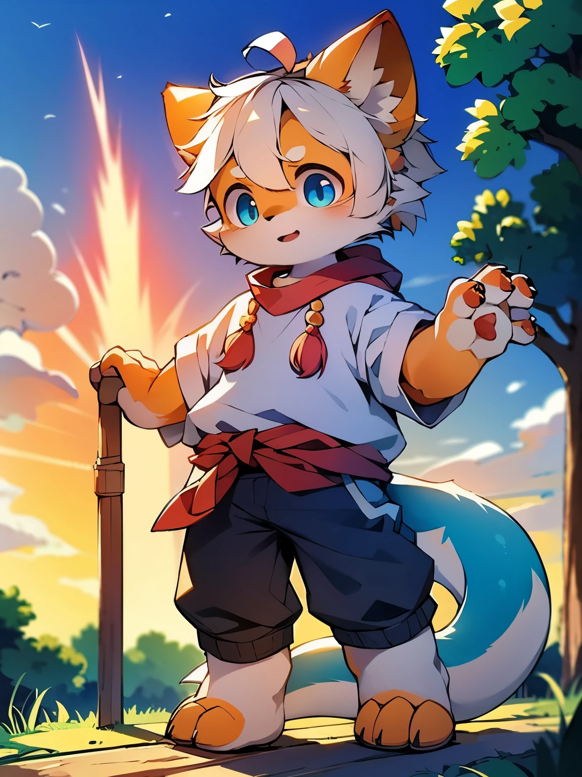 
Light orange fur，white hair，Orange dragon tail，There is white fluff at the end of the tail，white sweatshirt，hairy，God of Art Super Top Quality, super detailed, High resolution, Anime cute art style, The best anime, 8K, Kona sauce wallpaper, Pixiv Contest Winners, perfect ???????,blush , (Energetic teenager, 13 years old:1.3), High resolution详细的头发，white wide-leg pants，on the street，blue sky，Sunset，The iris and pupil are well proportioned，blue pupils，red ears，single,alone