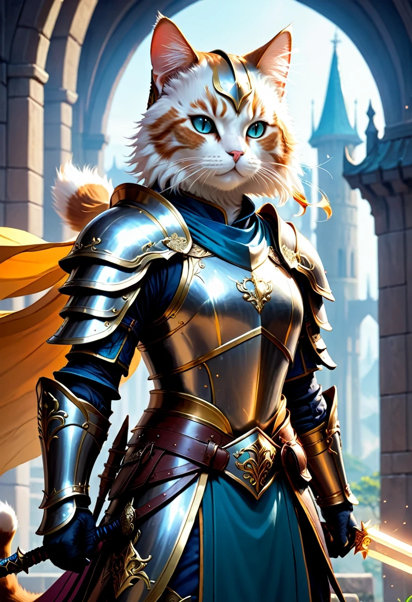 (Anthropomorphic Cat:1.5),A cat knight in armor,Holding the holy sword,wearing a helmet,slim,holy sword,middle Ages,Creative character design, Whimsical cartoon style, 32k Ultra HD2. 5D CGI anime fantasy artwork, epic fantasy art style hd, Digital 2D Fantasy Art, digital fantasy art ), xianxia fantasy, digital art fantasy art, Beautiful celestial mage, Epic fantasy digital art style, fantasy art style, xianxia hero, Anime Fantasy Illustration