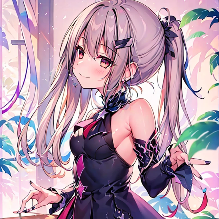 (masterpiece, best quality:1.2), 1 girl, alone,a ponytail,Star hairpins and black feather hairpin,nail art