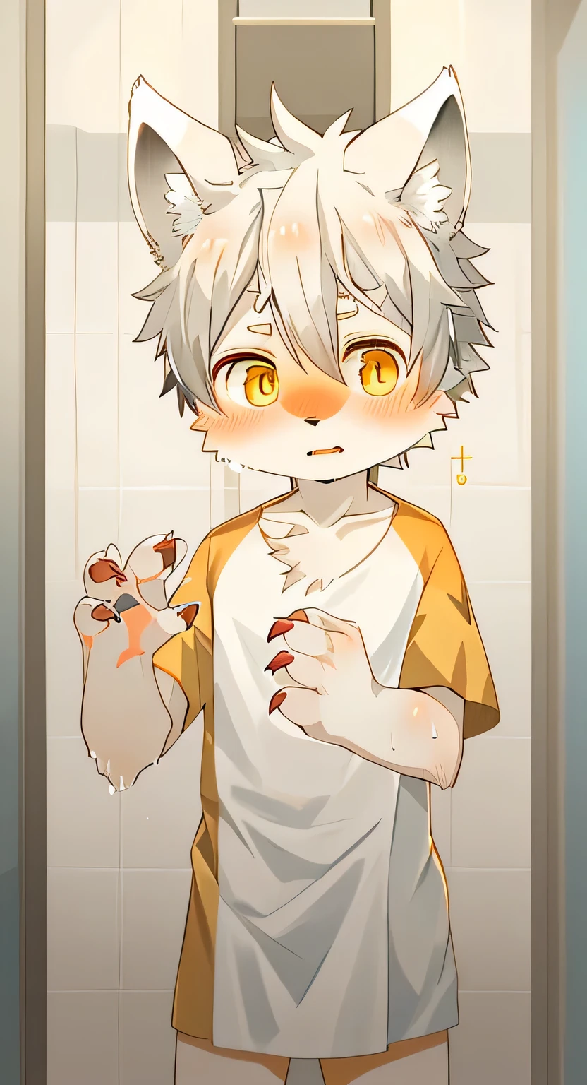 unique,Kanno,white fox,male,hairy,best quality,Shota,Humanity,claws,hairy tail,Golden Sun Rune,cute,Sparkling golden eyes,Expression tired,bathroom,take a shower