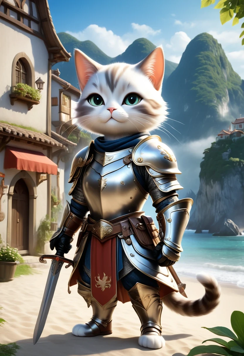 A fantasy of a Kavachi-style seaside village, Rendering in cinema4d, (Anthropomorphic Cat:1.5)，A cat knight in armor，Holding the holy sword，wearing a helmet，slim，holy sword，middle Ages，Creative character design, Whimsical cartoon style, 32k Ultra HD