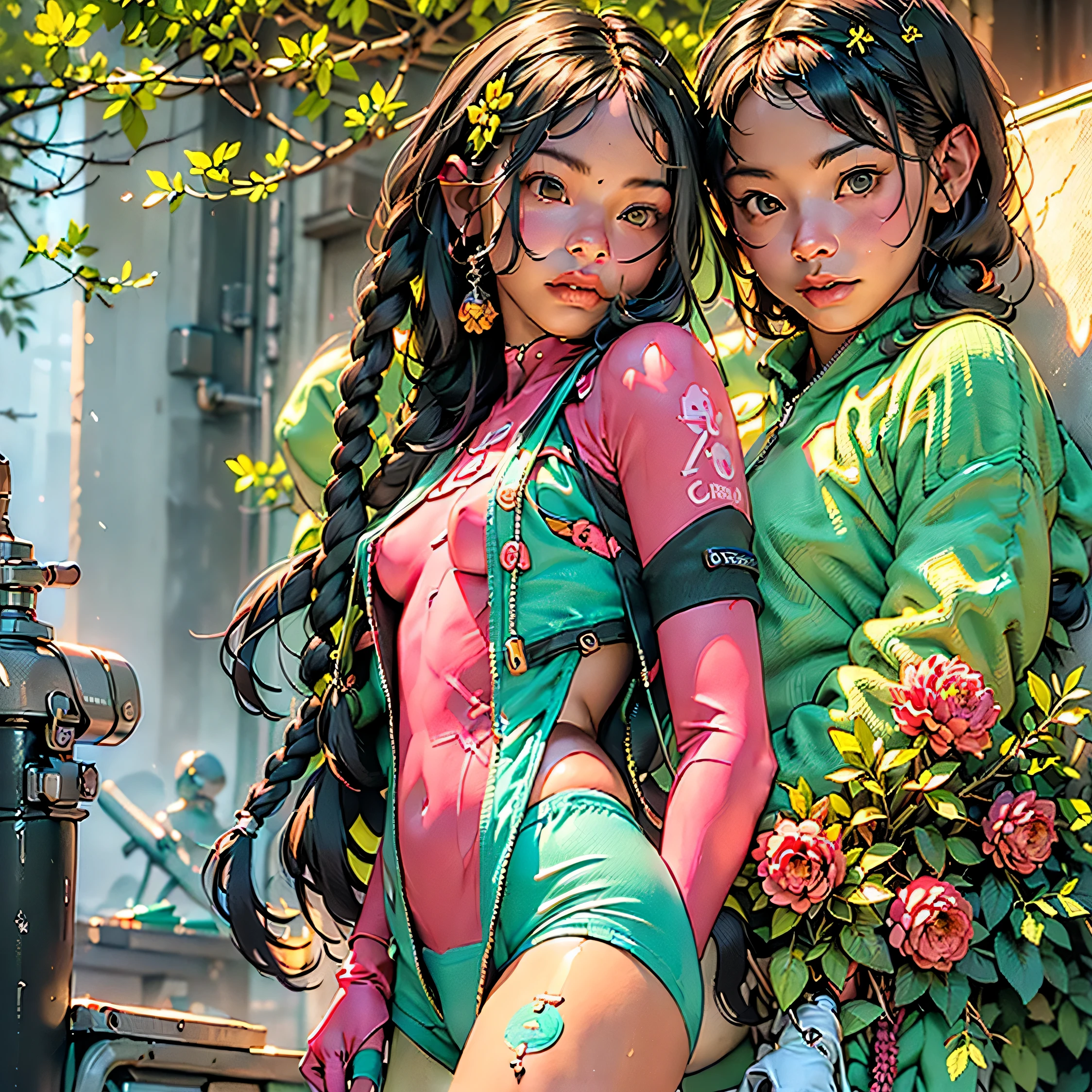 ((Create one girl 16+ years old.), (realistic), (masterpiece, Best quality), (1 elf), (1 girl), (sexy), (One, bangs, red dyed hair) (White armor cyber skulls), (long black tights with gloves)).((close-up), (standing at full height), (mysterious))_((Girl), (green:1.5, orange:1.1, white: 1.3, yellow:1.3))_((very sexy girl with dreadlocks), (tattoos), (naked parts of the body), (down jacket: 1.2), (jacket on a naked body, T-shirt, thong)) __))_( (Beautiful figure, half-turn 16+ years),(realistic)),((small peach breasts, graceful figure, narrow waist, smooth hips)),((long double braids),(tight braids),(braided hair), (dark hair) ),((red lips)), ((smile)))_ ((((Shiny skin:1.5, white skin, light skin: 1.5)),((sexy), (cute ))_((fractals, Flowers, leaves, fog, lilies, circles background))_((Chiaroscuro, contrast, warm-cold), (atmosphere visualization), (best quality), (Virtual realism))_))) _(((Digital painting, anime style, cyberpunk), (best quality, 4k, high resolution, masterpiece: 1.2)),((ultra-detailed)),((realistic, photorealistic, photorealistic: 1.37)))_(( ( Soft clear shapes, broad strokes, attention to detail)))_(((High quality, 16K | Ultra HD | Full HD))).