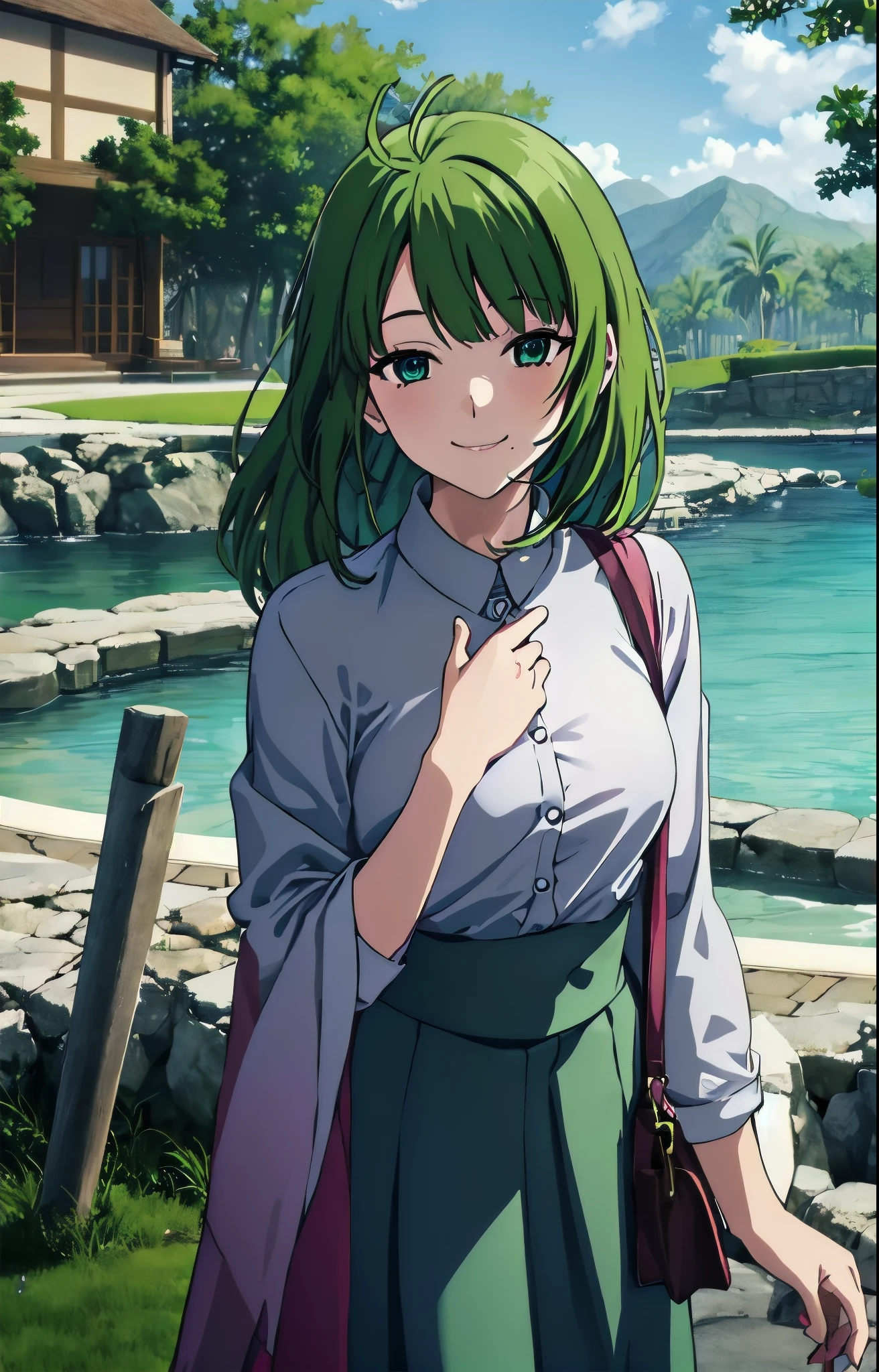 1 girl, alone, Upper body, face-to-face audience, looking at the viewer, smile,green hair,